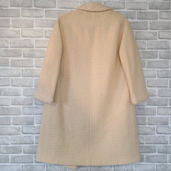 Vintage Cream Tweed Overcoat Satin Lined Handmade Long Retro 50s Style Old Money - Picture 2 of 8